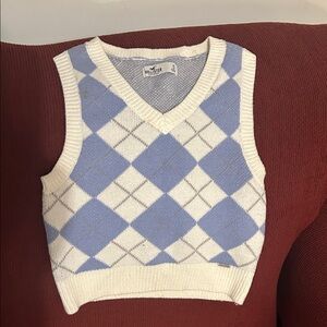 Hollister Women's V-Neck Argyle Cropped Sweater Vest in Blue and White Sz Small